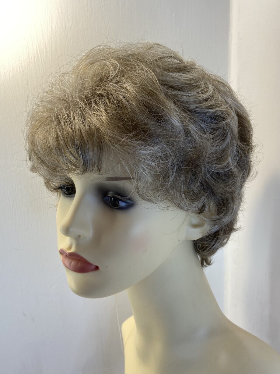New tag on curly ash grey wig. Abmc95